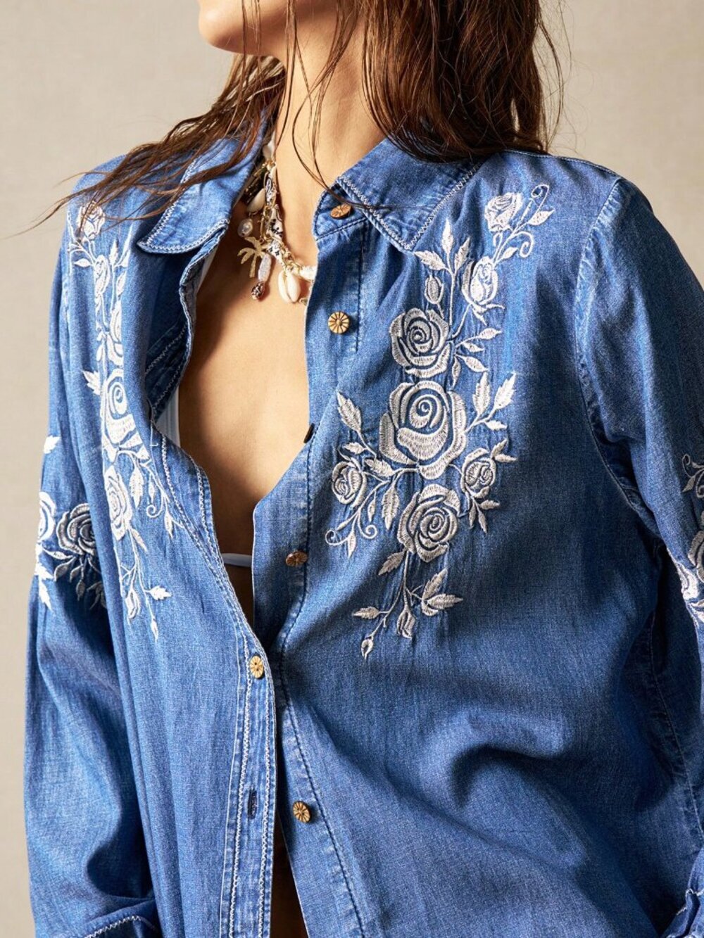 Blue Boho Women's Denim Embroidered Long Sleeve Shirt - Picture 2 of 6